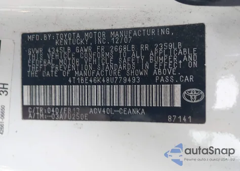 2008 Toyota Camry Le из США, поврежденный, VIN 4T1BE46K48U779493